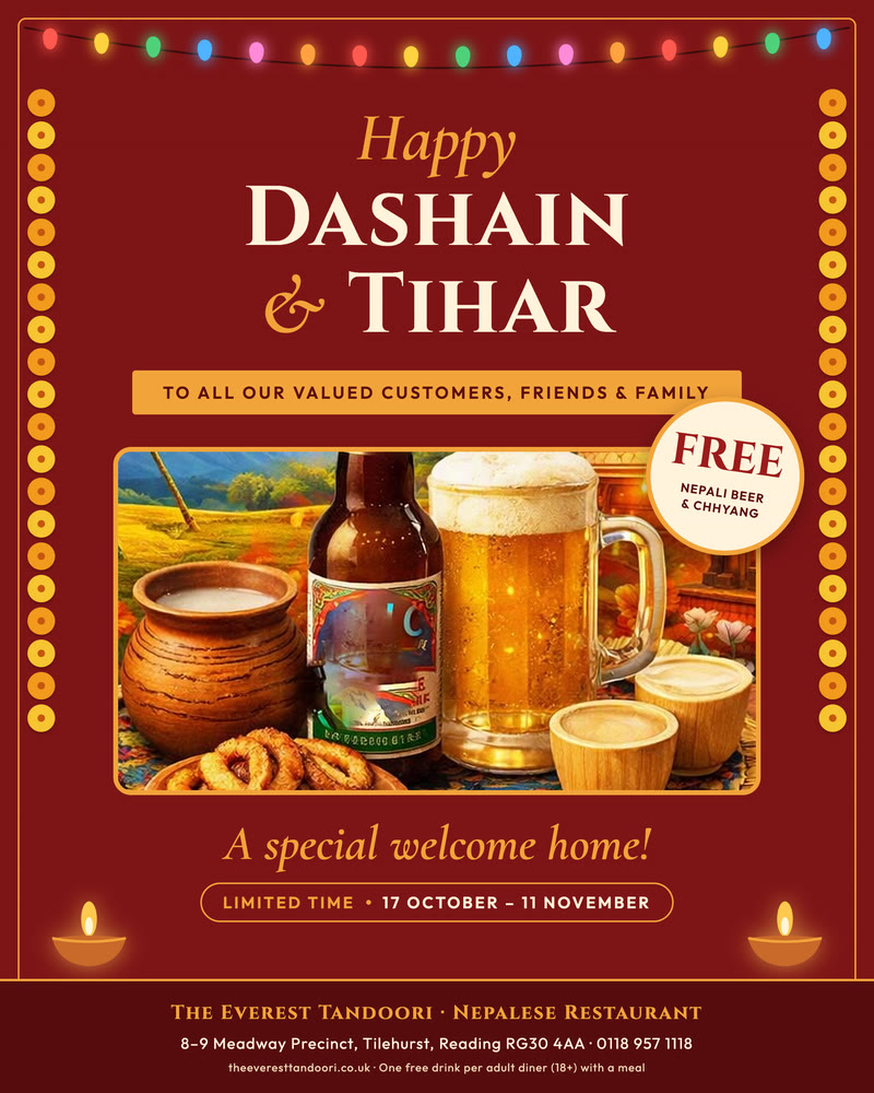 Happy Dashain and Tihar poster: free Nepali beer and Chhyang, a special welcome home, 17 October to 11 November