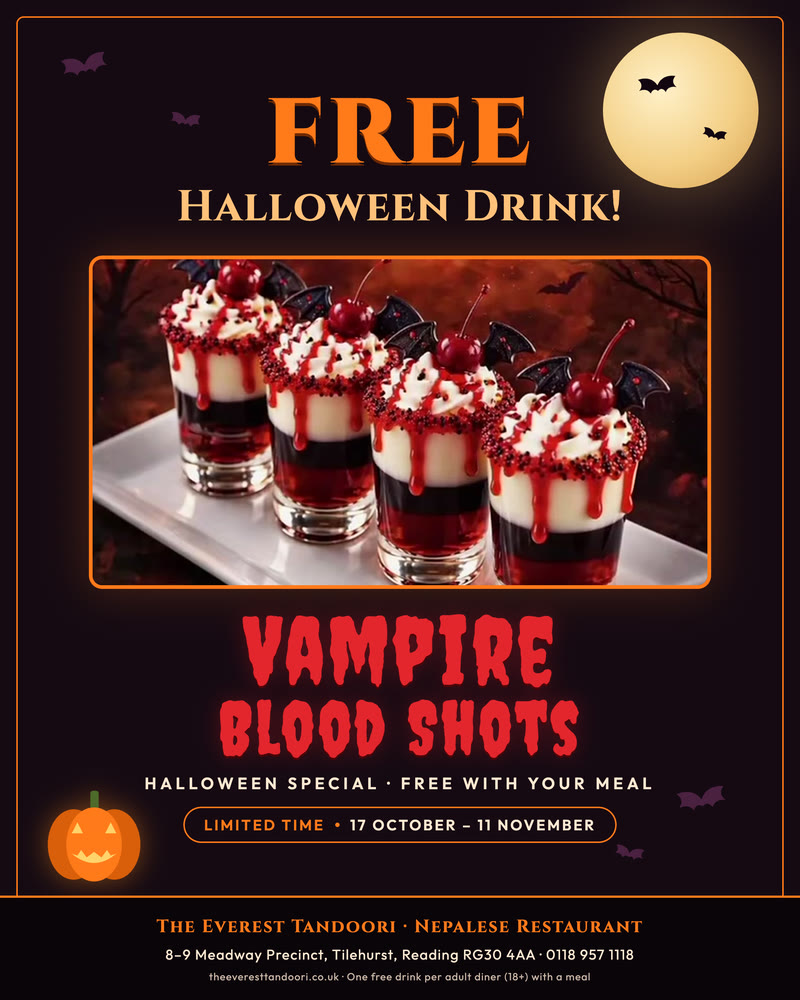 Free Halloween drink poster: Vampire Blood Shots, free with your meal, 17 October to 11 November
